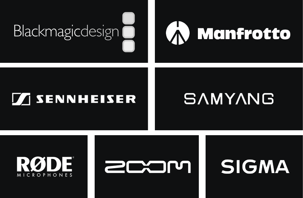 Blackmagic Design, Manfrotto, Samyang, Sigma, Sennheiser, Rode & Zoom